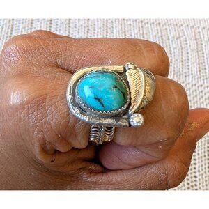 Sterling Silver Turquoise Navajo Ring size 7 Signed JF Native American 8.6g